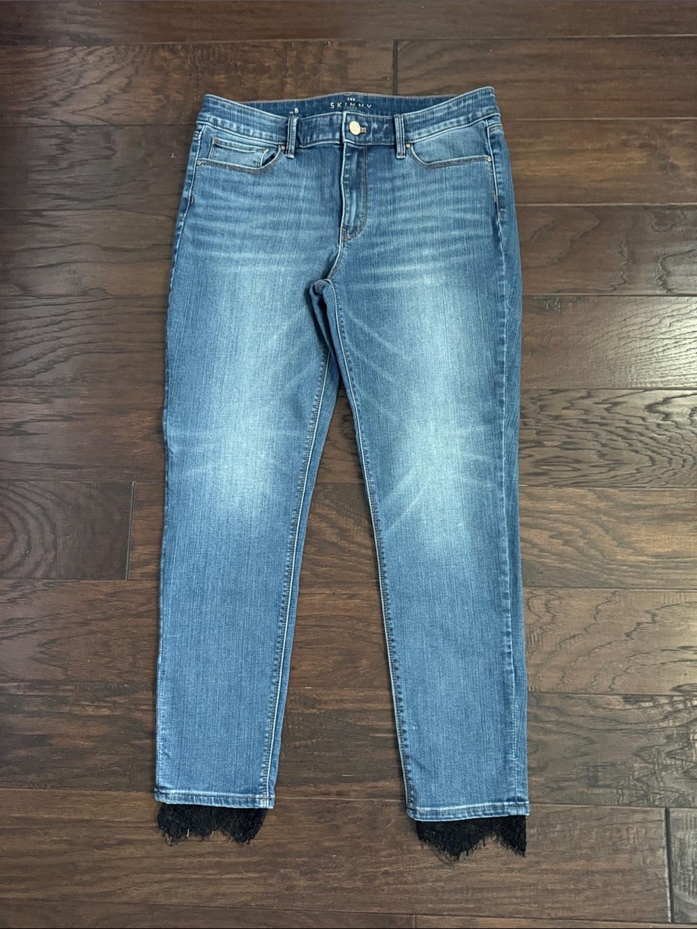 White House Black Market Women's Light Blue Skinny Jeans with Lace Black Hem